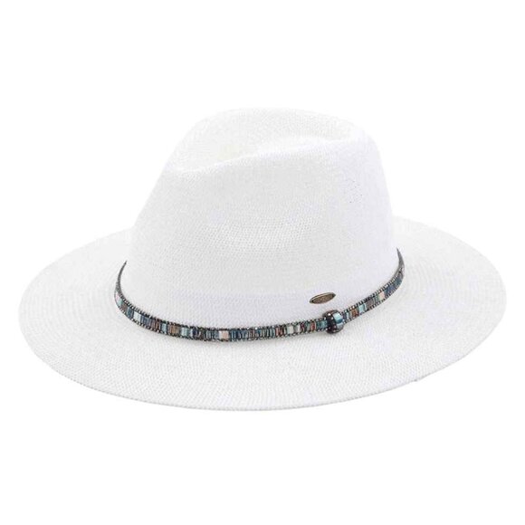 🤍 NWT White Rhinestone Panama Hat | Multi Thread Trim Fedora | Adjustable Wide - Picture 1 of 2